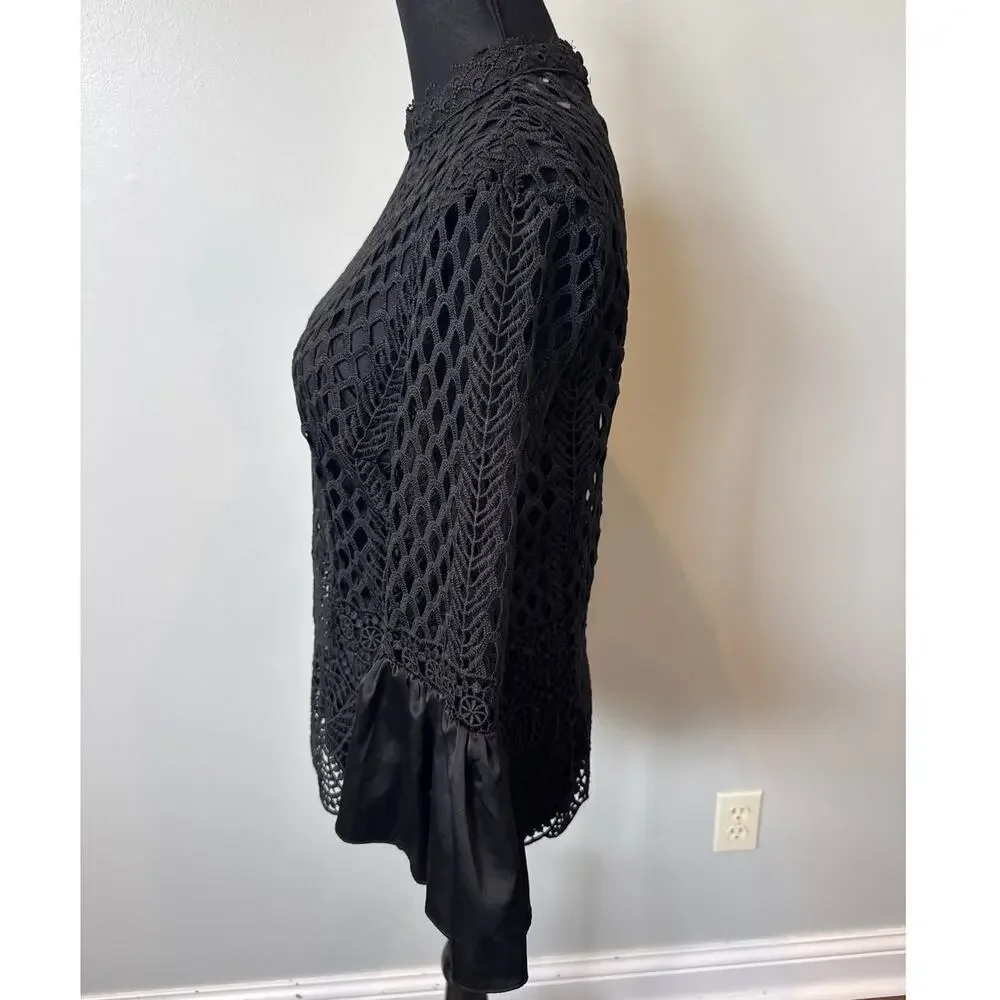 Dolce Cabo Knit Crochet Black Top Ruffle Bell Sleeve Minimalist Office Sz S